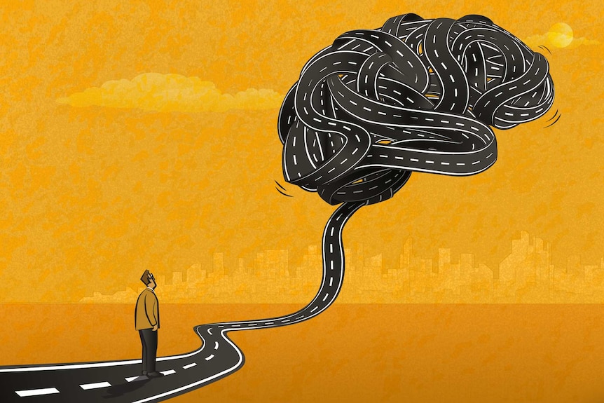 Illustration of a man looking at the road ahead of him, which is lifting from the ground and tangling into the shape of a brain