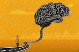 Illustration of a man looking at the road ahead of him, which is lifting from the ground and tangling into the shape of a brain