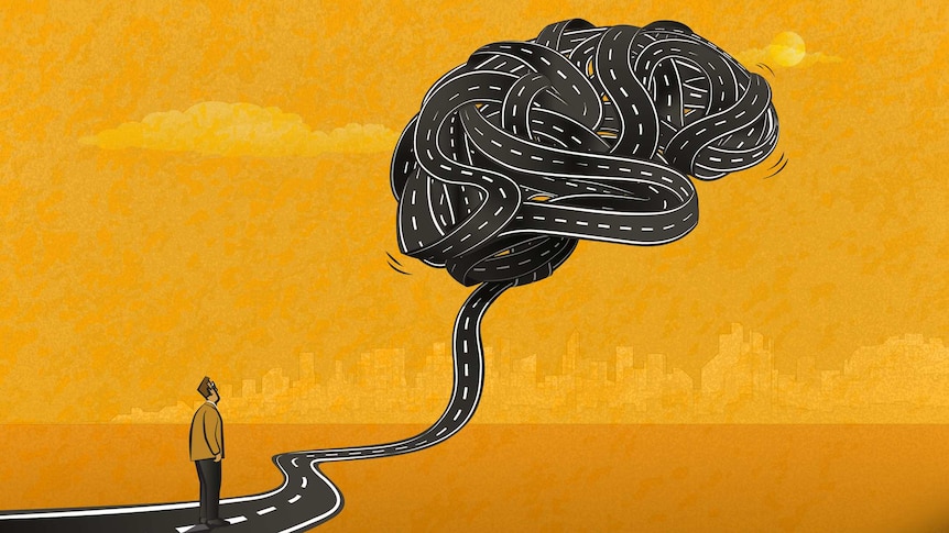 Illustration of a man looking at the road ahead of him, which is lifting from the ground and tangling into the shape of a brain