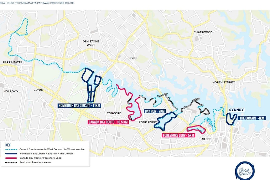 A map of Sydney's waterways shows the proposed route of a pathway from Woolloomooloo to Parramatta.