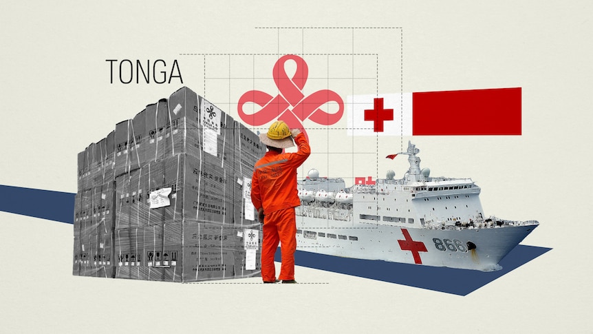 An illustration of a person next to China's Peace Ark and boxes of aid, as well as the China Aid symbol 