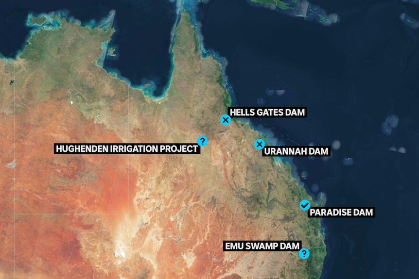 Een kaart van Noordoost-Australië met de locaties van verschillende dam- en irrigatieprojecten.