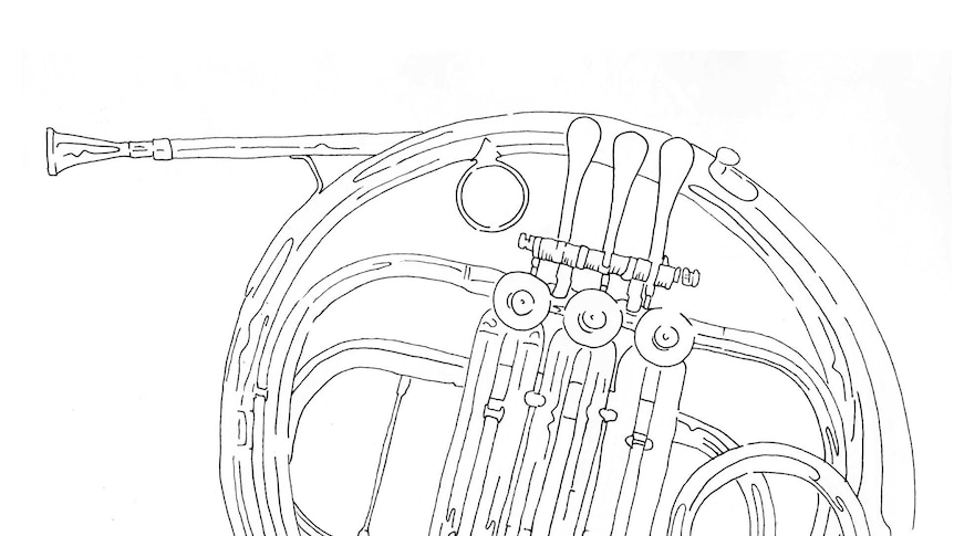 A line drawing of a French horn