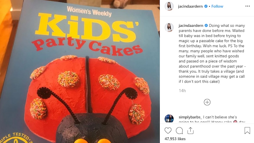 An instagram post by Jacinda Ardern showing the Women's Weekly Kids' Party Cakes book.