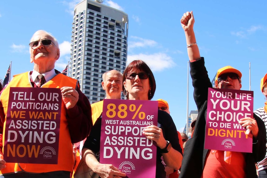 A crowd of people holding posters rallies outside State Parliament in Perth under a blue sky.