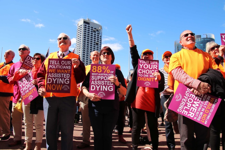 A crowd of people holding posters rallies outside State Parliament in Perth under a blue sky.