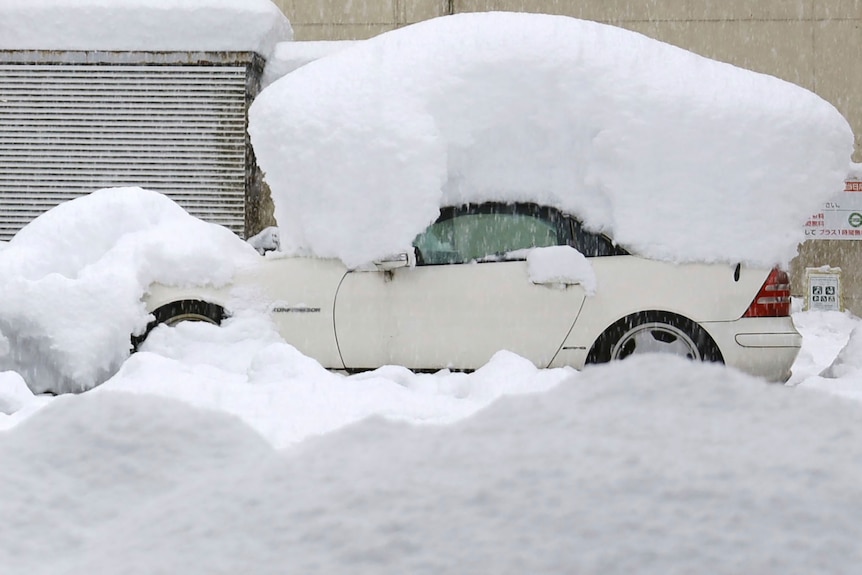 A car is covered in snow after a snowfall.