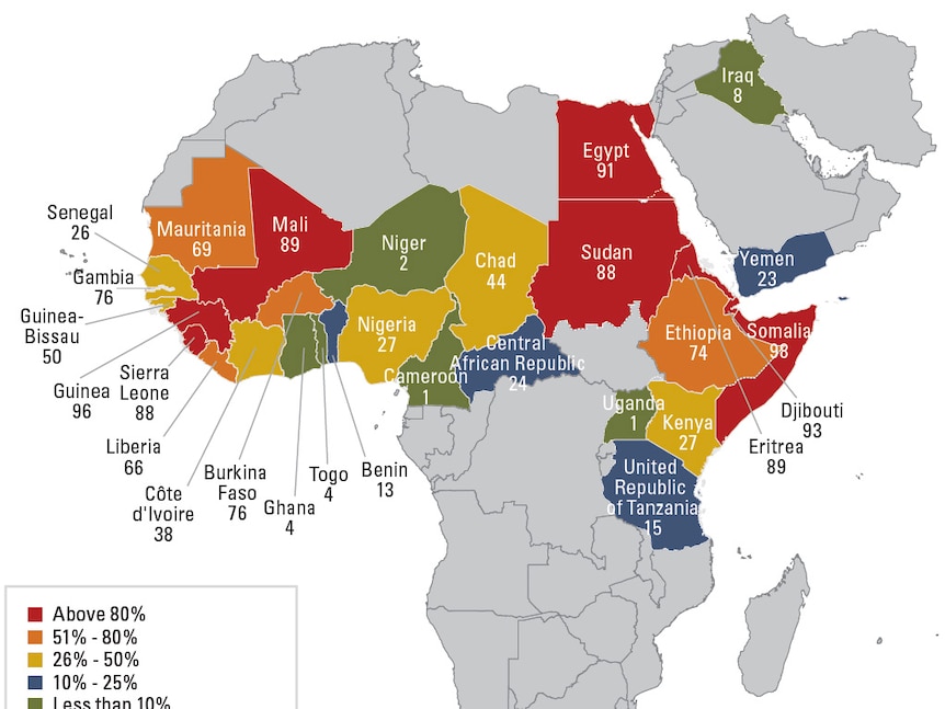 A map of Africa depicts the prevalence of female genital mutilation/cutting. Sudan has extremely high rates.