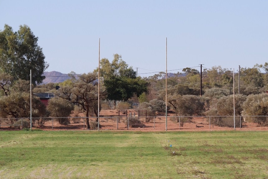 A football oval covered in grass with goalposts at the end