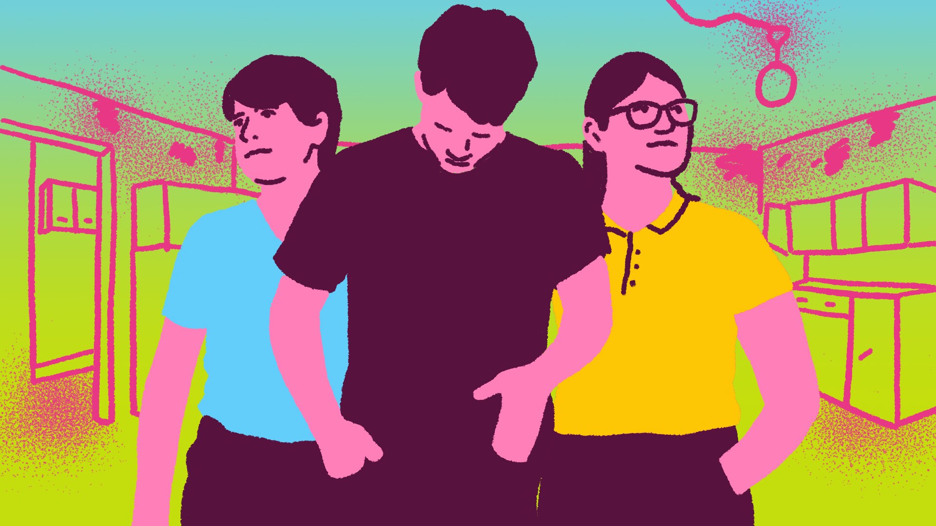 An illustration of three young people standing in a share house kitchen.