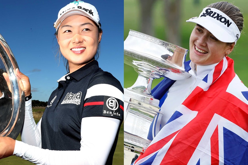 A composite image of golfers Minjee Lee and Hannah Green holding up trophies.