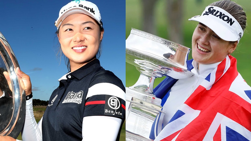A composite image of golfers Minjee Lee and Hannah Green holding up trophies.