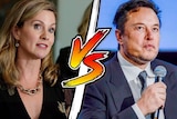 Collage of Julie Inman Grant and Elon Musk with a vs slash between them in the style of Street Fighter video game.