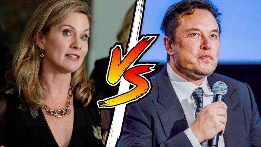 Collage of Julie Inman Grant and Elon Musk with a vs slash between them in the style of Street Fighter video game.