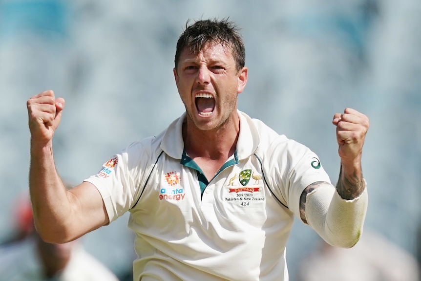 James Pattinson raises his fists and screams in celebration.