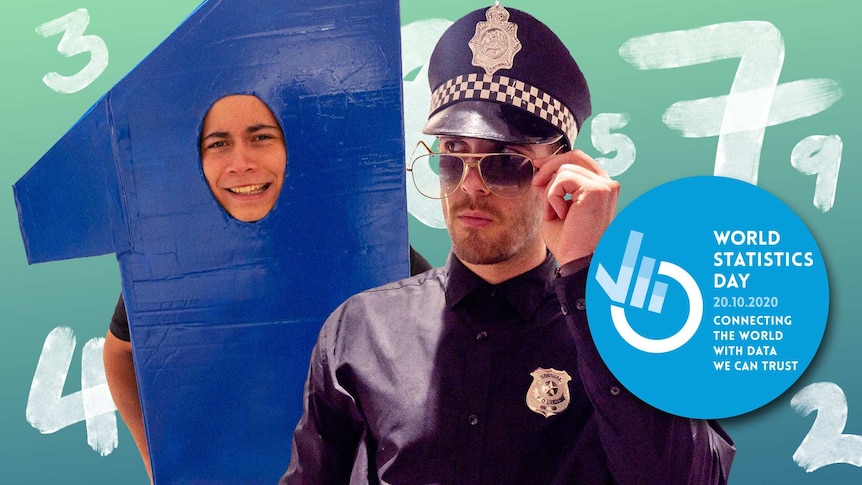 Nat dressed in a carboard number one and Cale dressed as a policeman surrounded by numbers.