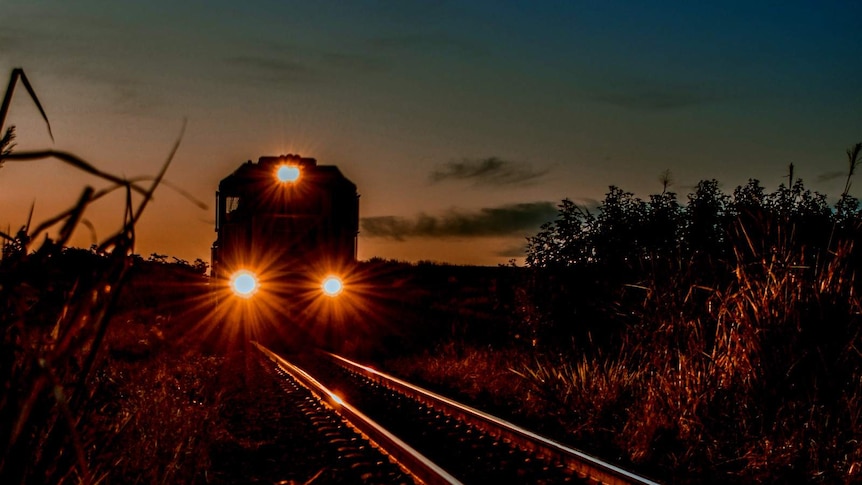 Freight train approaching camera at sunset.