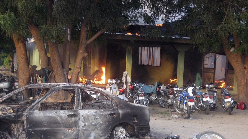 Police torched a building which allegedly housed the Islamic sect in Maiduguri, following the arrest of Mohammed Usuf.