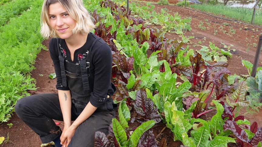 A woman in black overalls and a long sleeved top crouches in a garden with brightly coloured herbs and spinach.
