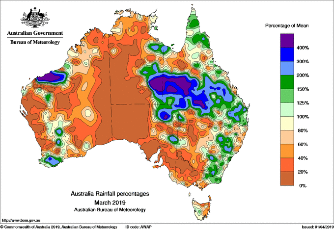 map of Australia with big blue patches over central to west QLD and the WA Pilbara coast