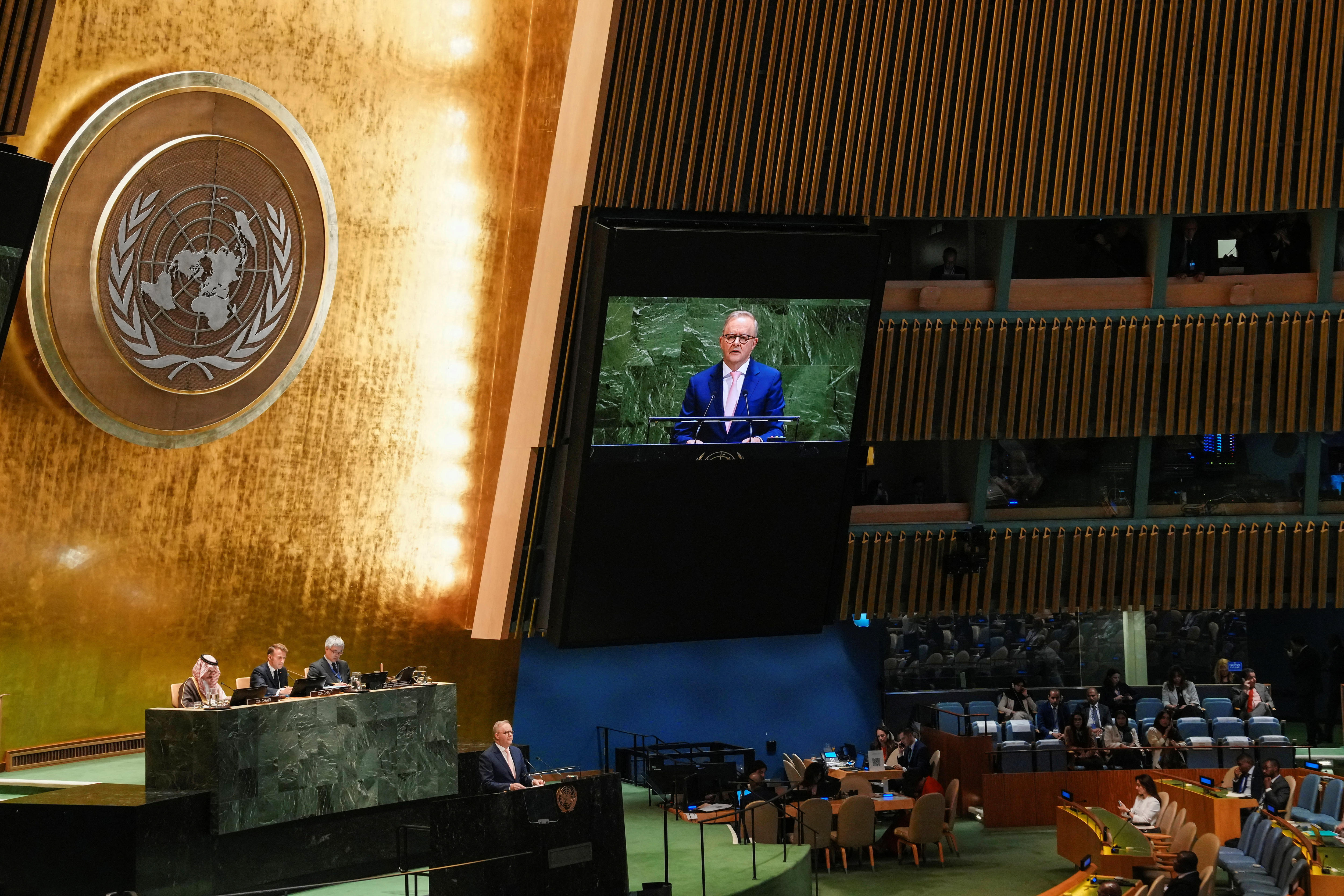Anthony Albanese speaks at the UN headquarters.