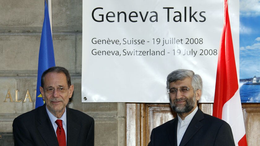 EU's Solana (L) with Iran's Jalili before the meeting.