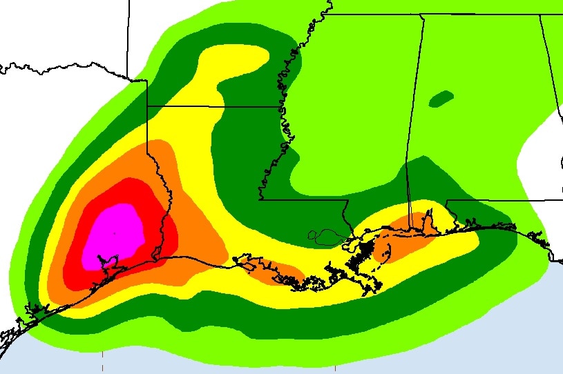 A coloured rainfall forecast of Tropical Storm Harvey over areas of Texas.