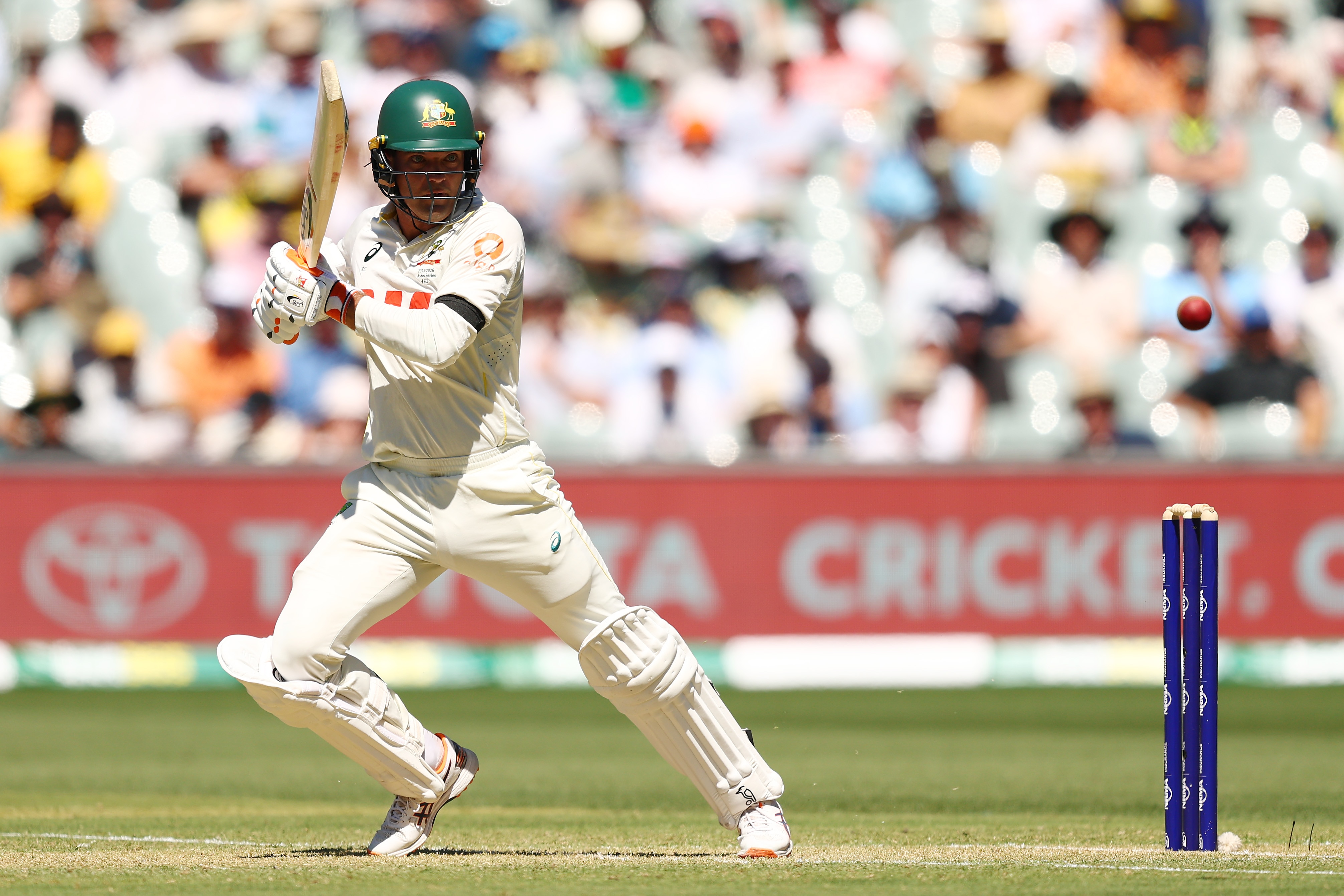 Australia batter Alex Carey plays a shot during an Ashes Test.