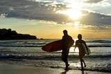 Couple with surfboards at beach