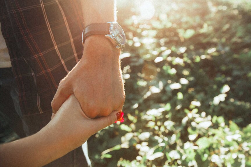 Two people holding hands in the forest in dappled sunlight.