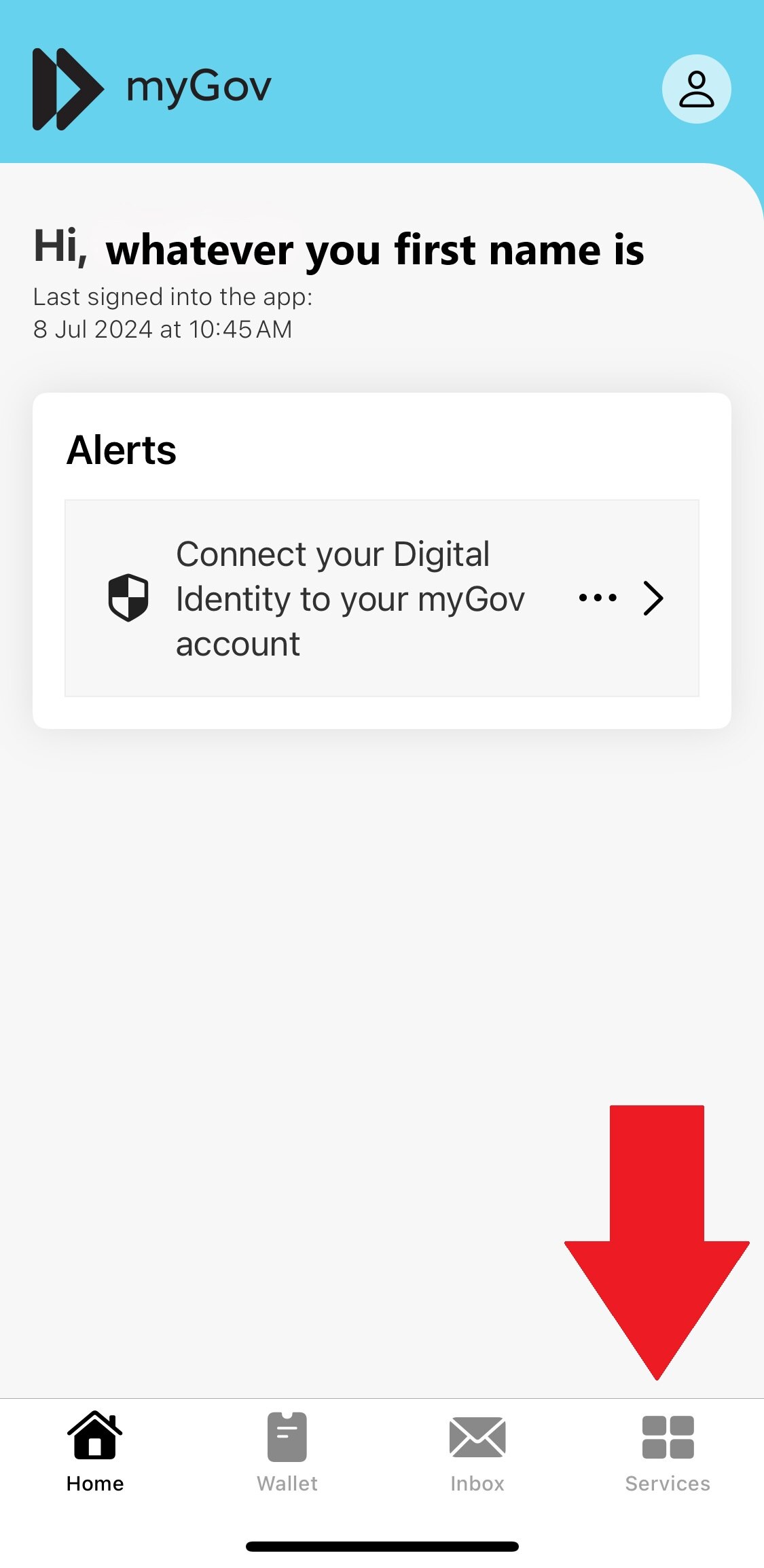 A screenshot of the My Gov app on a smartphone, with a red arrow pointing to "services"