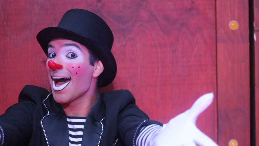 Clown, Mario Espana, getting ready to entertain crowds in Goldfields as the Loritz Circus tours the region.