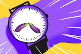 Illustration of wristwatch with eggplant emoji as the watch hands for a story about always feeling too tired or busy for sex.