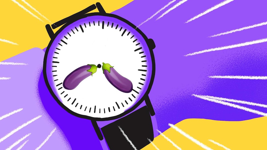 Illustration of wristwatch with eggplant emoji as the watch hands for a story about always feeling too tired or busy for sex.