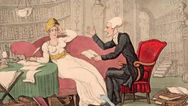 An drawing of a Victorian woman and a man in conversation