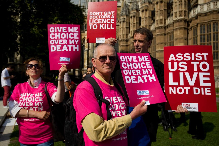 Protesters for and against assisted suicide, London