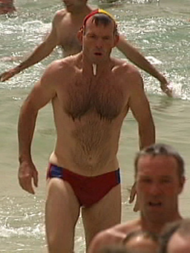 TV Still of Tony Abbott exiting the water at a swin carnival in Sydney, Nov 29 2009.
