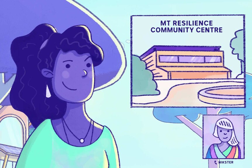 An animation of Ayla at a resilient town.