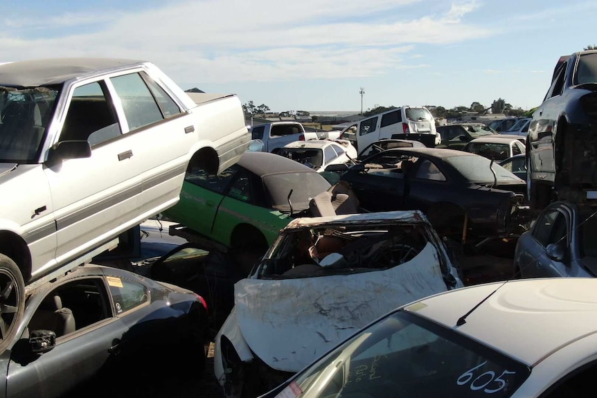 Car wrecks in a yard.