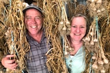 A smiling couple peek out from behind hanging ropes covered with unprocessed garlic.