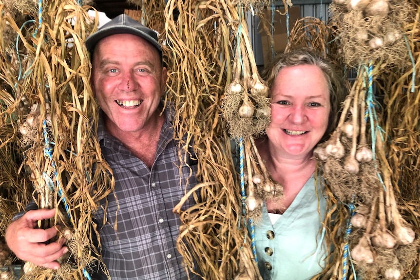 A smiling couple peek out from behind hanging ropes covered with unprocessed garlic.