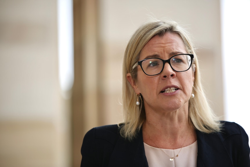 Libby Mettam wears a black blazer and black framed glasses, behind her are the pillars outside Parliament.