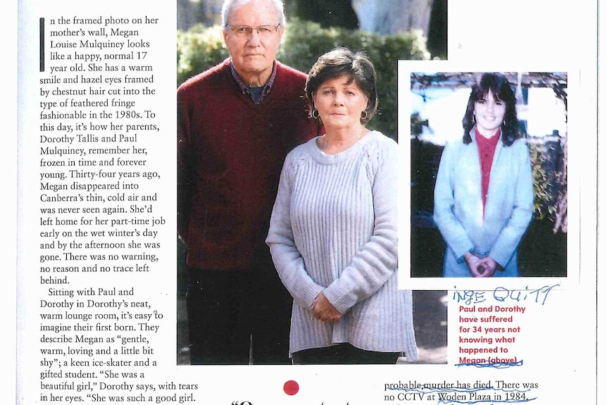 A magazine article in Australian Women's Weekly, showing a picture of Megan and her parents, as well as the scribbled notes.