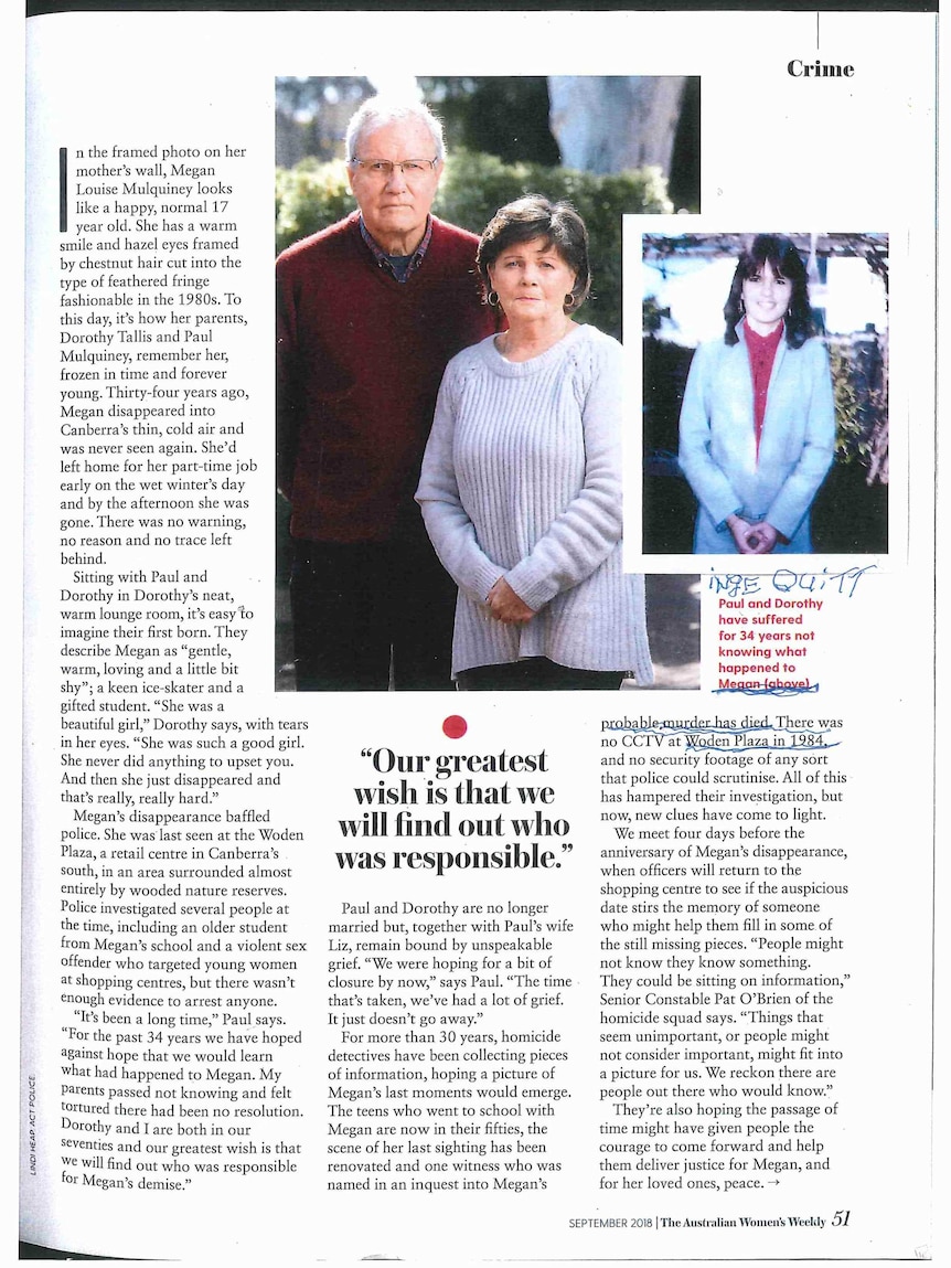 A magazine article in Australian Women's Weekly, showing a picture of Megan and her parents, as well as the scribbled notes.