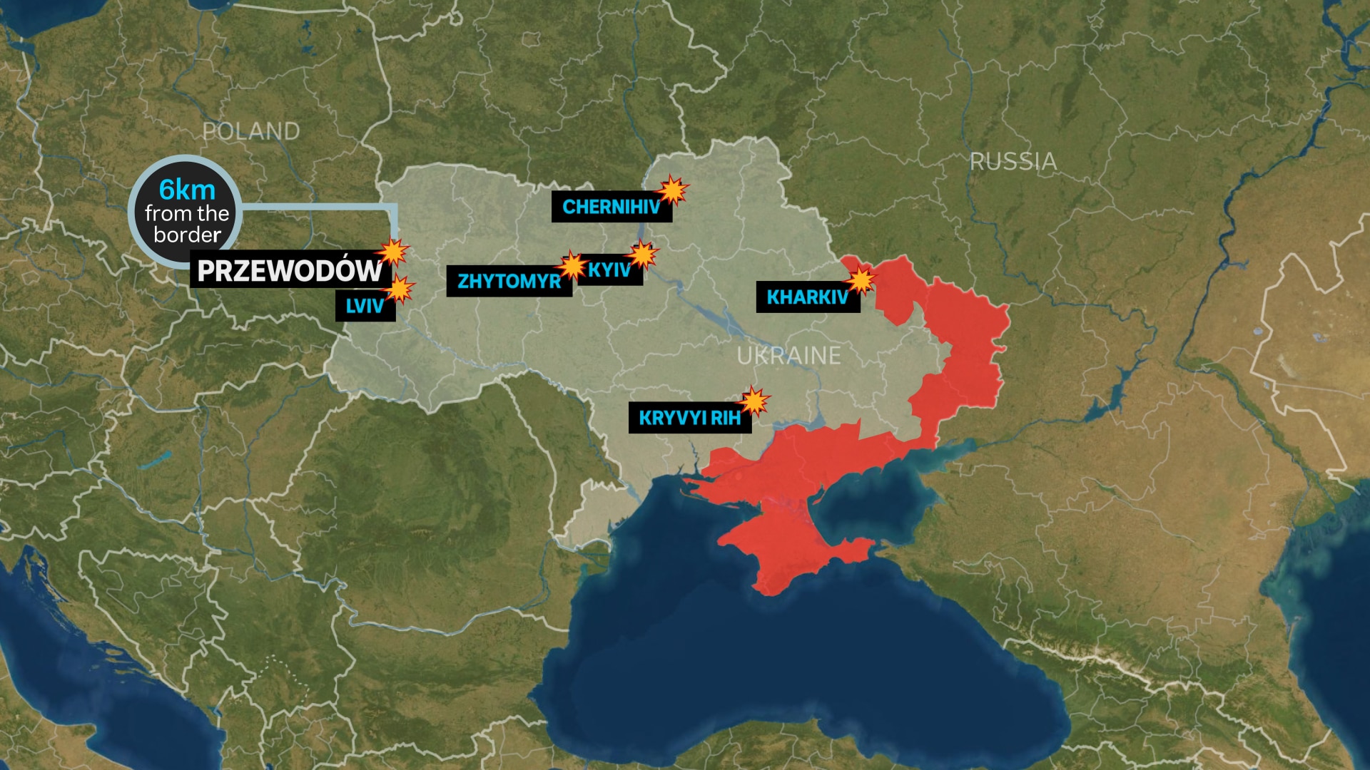  Mapa przedstawiająca rozmieszczenie rosyjskich nalotów rakietowych i lądowań rakietowych na granicy z Polską.