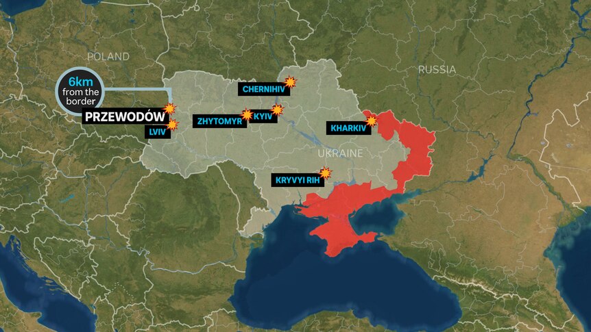  A map showing the locations Russian missile strikes, and where a rocket landed across the border in Poland.