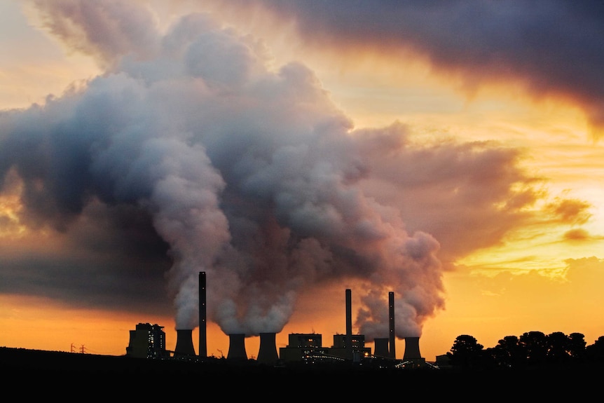 Grey smoke billowing out of power plant chimneys against orange sunset.