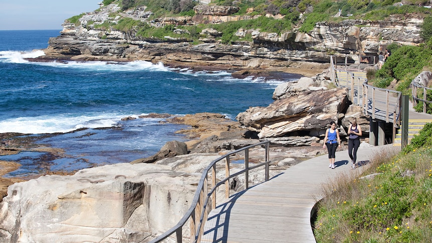 Two women take a walk at Bondi