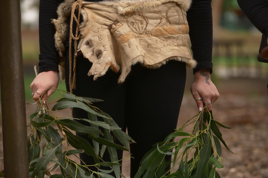 A person wearing a possum skin holds eucalyptus leaves.
