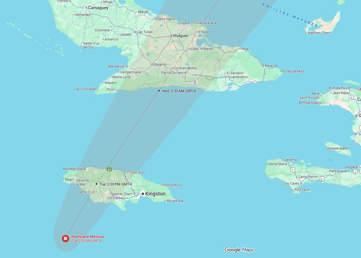 Hurricane Melissa's forecasted path over Jamaica and Cuba.